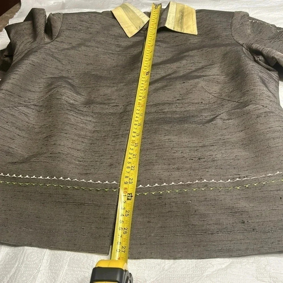 100 Thai silk green gray yellow open front Blazer  Size44. SHINAWATRA - Picture 13 of 16